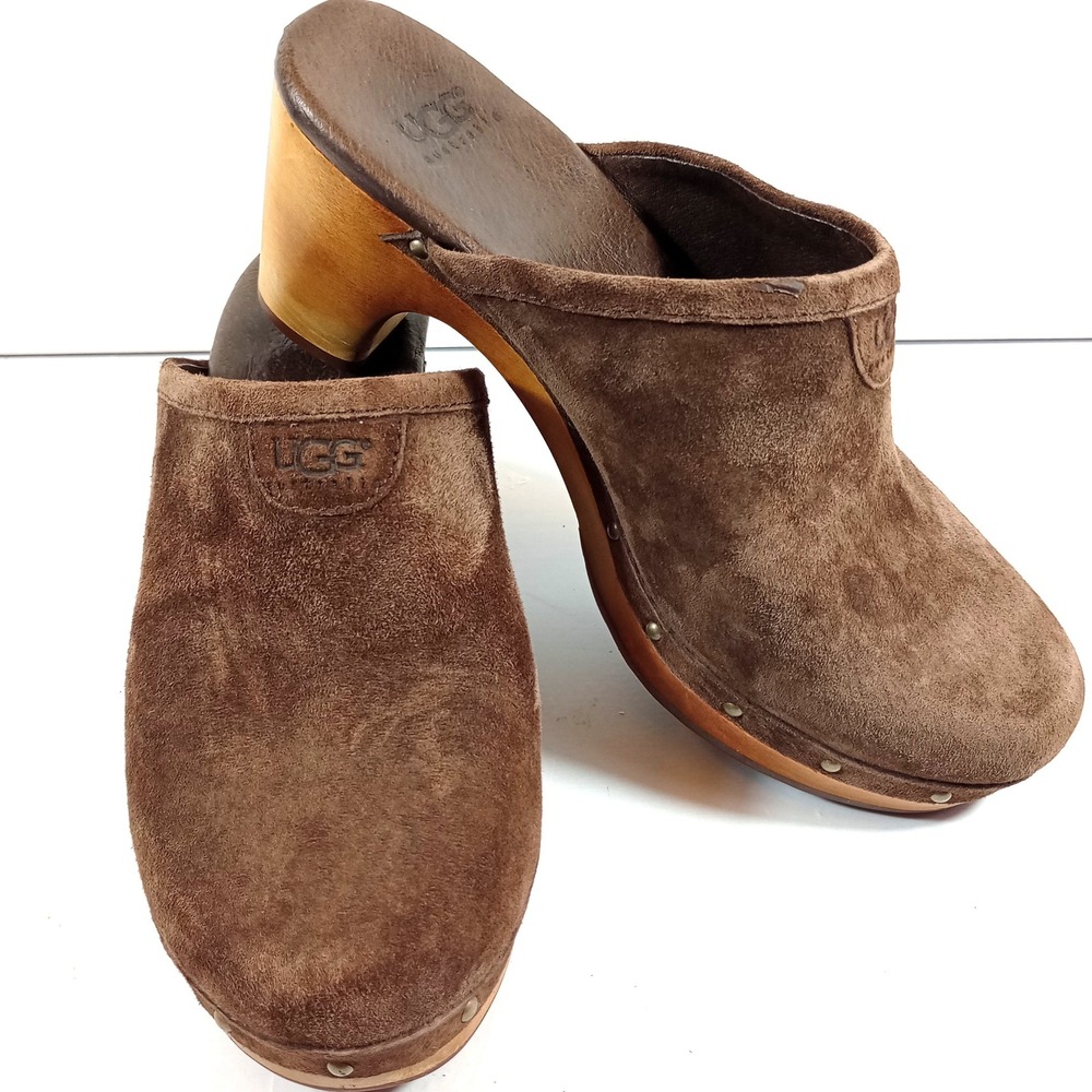 UGG Australia Abbie Clogs Womens 6 Brown Suede Wood Platform Studded Mule Shoes